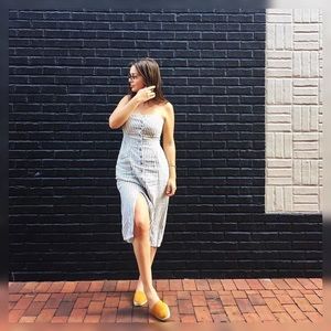 strapless, striped dress with slits and pockets